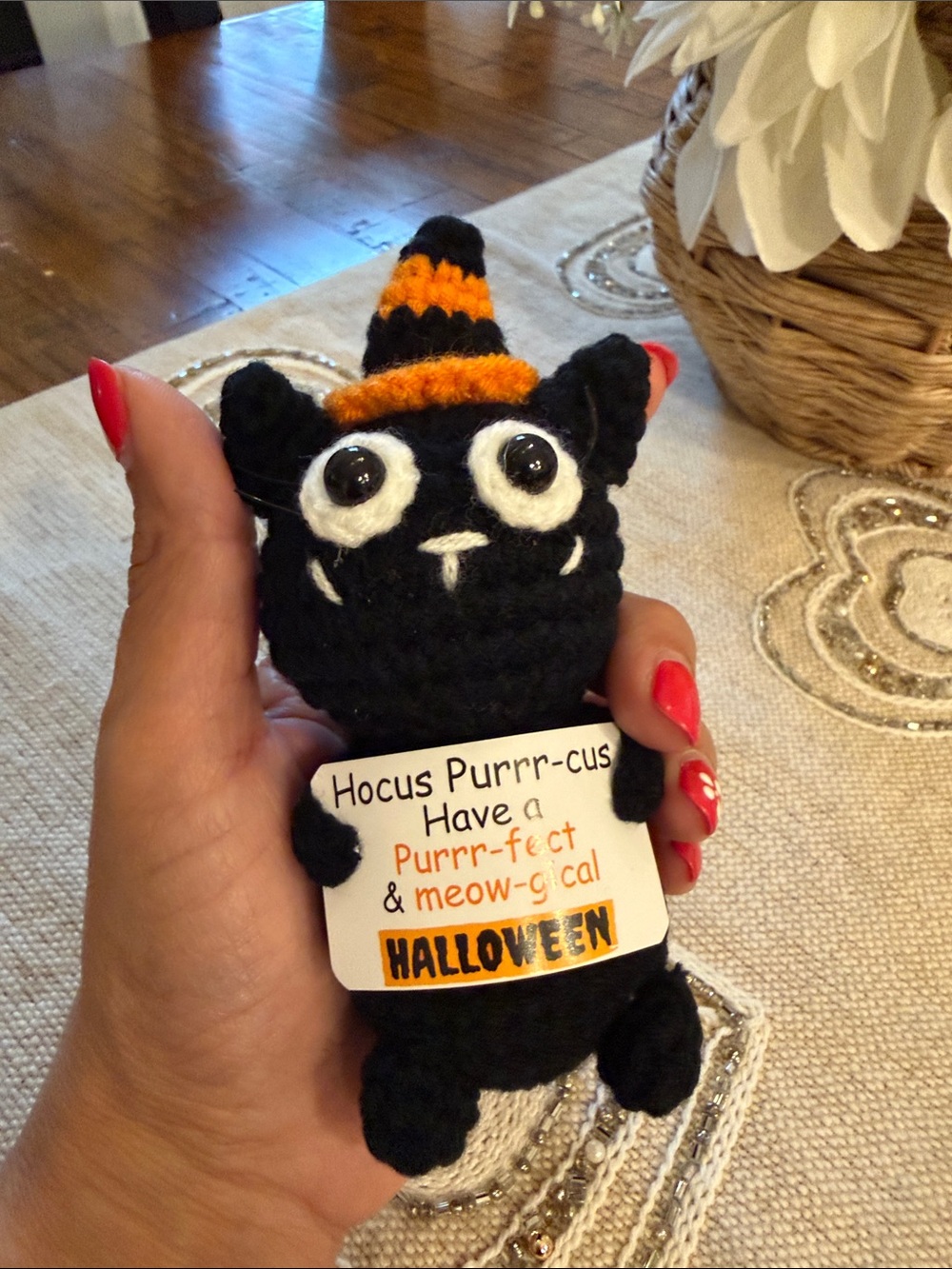 Black Halloween Kitty Plush with Orange Witch Hat - Picture 4 of 5